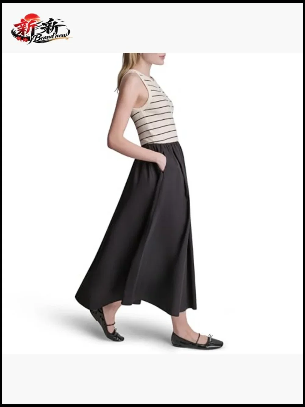 Striped Cotton Poplin Maxi Dress with Rib Henley Top